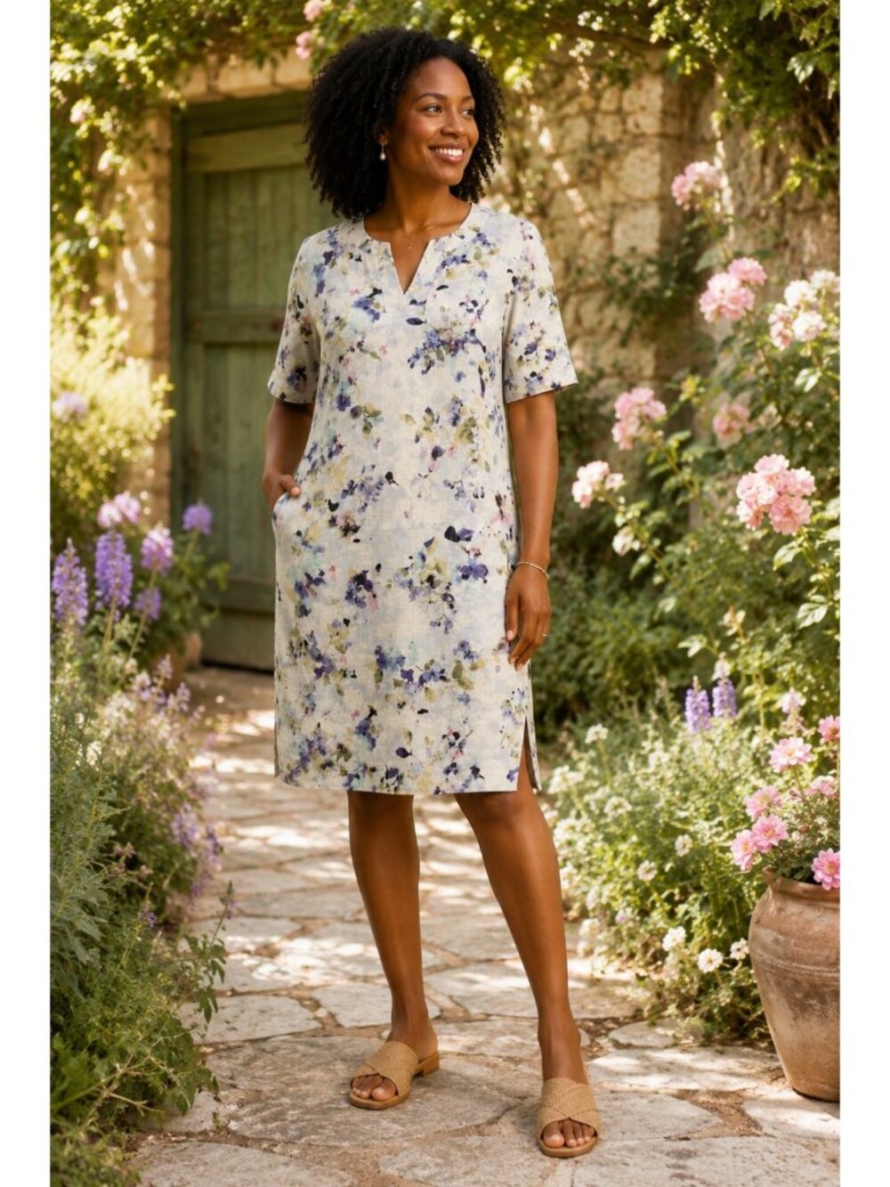 J Jill Love Linen Dress Medium Floral 100% Linen Shift Pockets Blue Purple